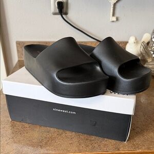 Nine West Matte Black Platform Slide Sandals